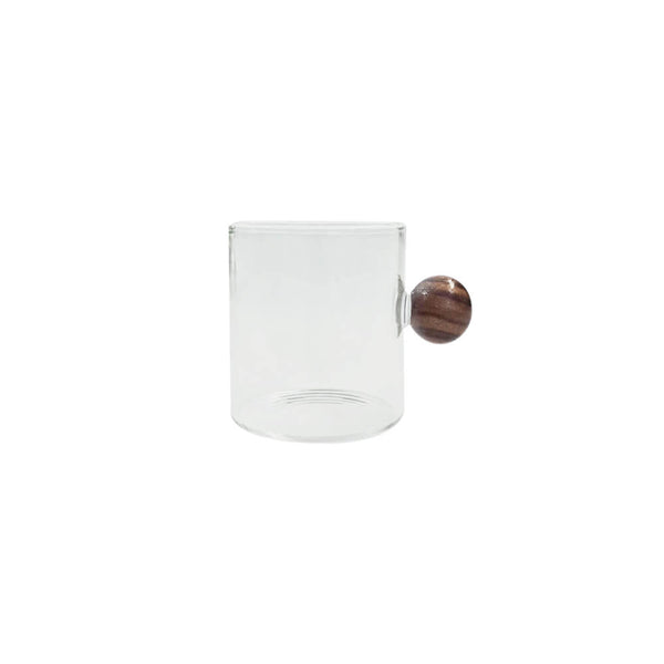 Xícara de vidro esfera com cabo de madeira 100ml transparente