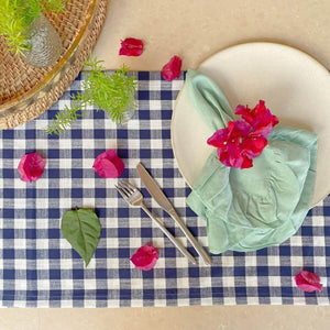 CAMINHO DE MESA VICHY DE ALGODÃO AZUL 160X43 CM