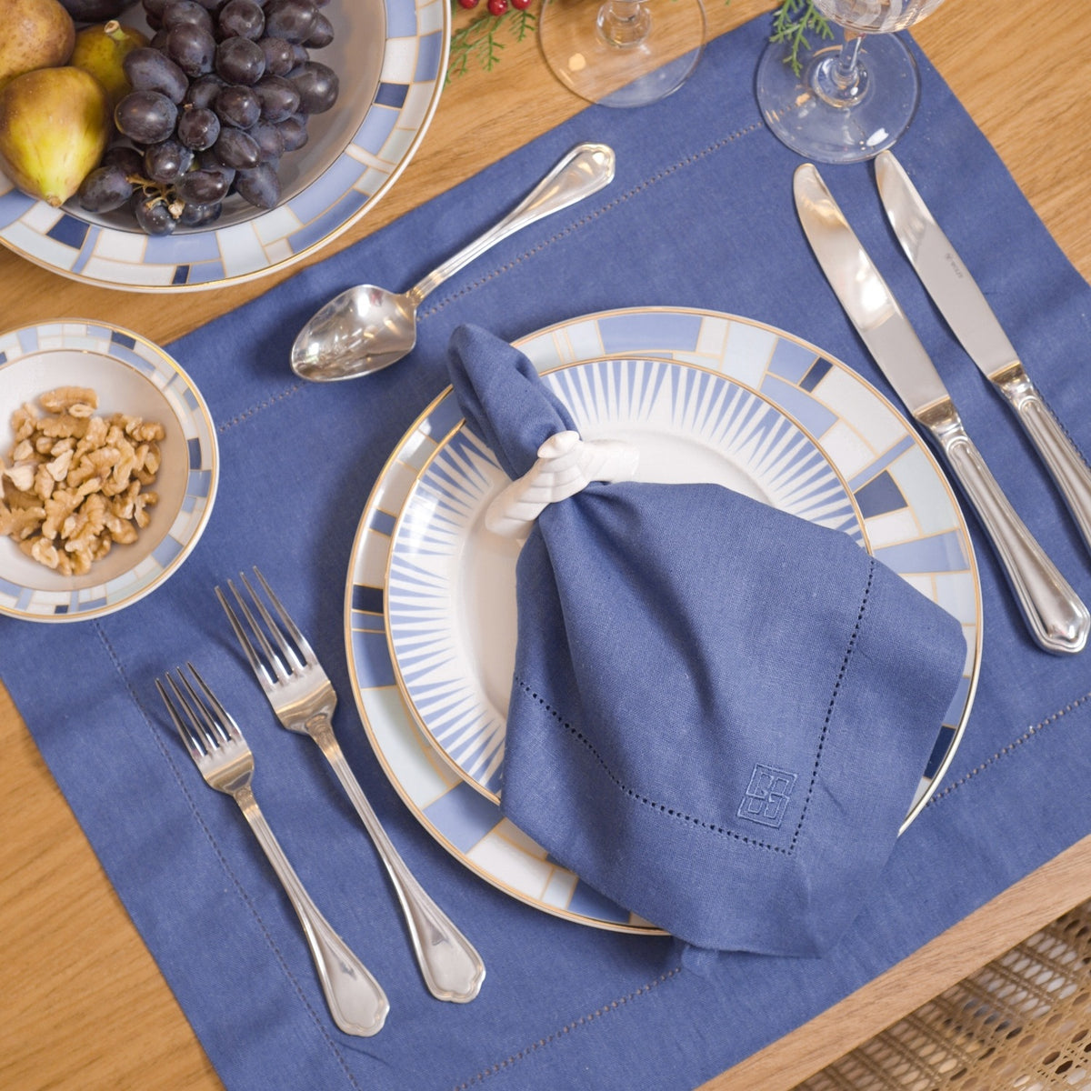 GUARDANAPO DE LINHO PURO BARRA LARGA PREMIUM AZUL 55X55CM